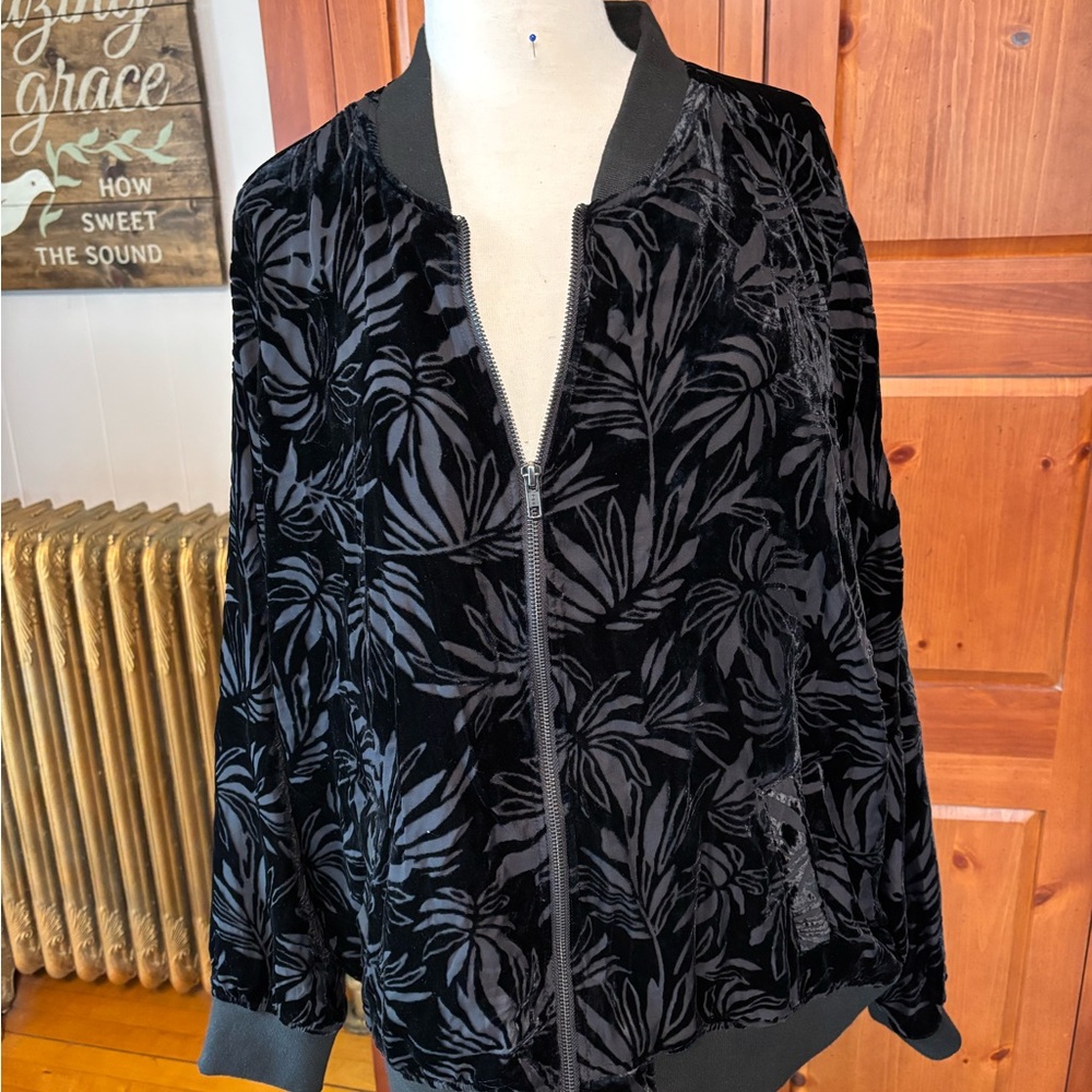 Torrid Black Bomber Jacket with Textured Floral Design
